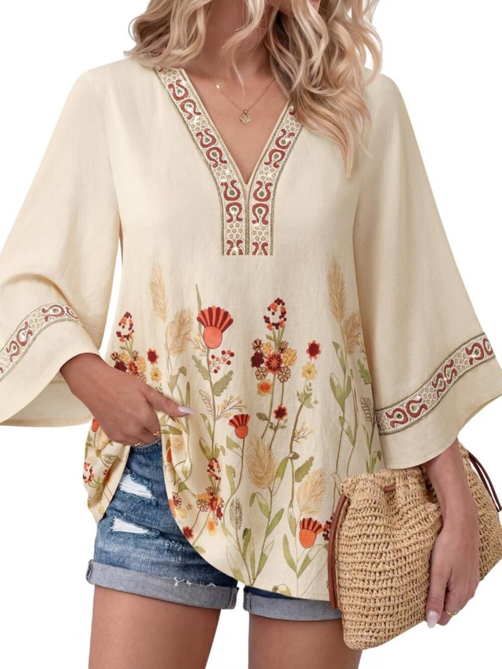 Embroidered V Neck 3/4 Sleeve Boho Blouse | Dressy Casual Tunic Top for Women